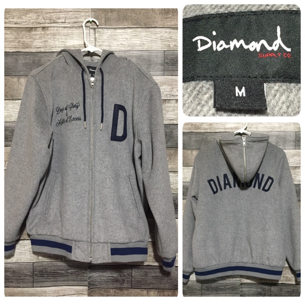 Diamond Supply Varsity Bomber Jacket Sz M Gray Embroidery Heavyweight Wool Blend